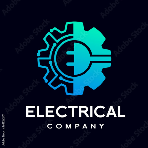 Gear with plug electrical vector logo template. Suitable for factory or industrial business.