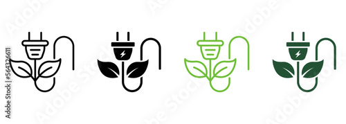Eco Power Sustainable Technology Line and Silhouette Icon Color Set. Green Energy Electric Plug with Leaf. Renewable Electricity Resource Ecology Symbol Collection. Isolated Vector Illustration