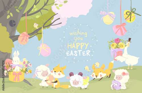 Cute Cartoon Animals celebrating Easter in Spring Forest