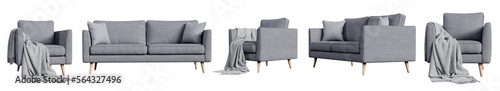 Set of gray armchair and sofa isolated on transparent background. 3D render. photo
