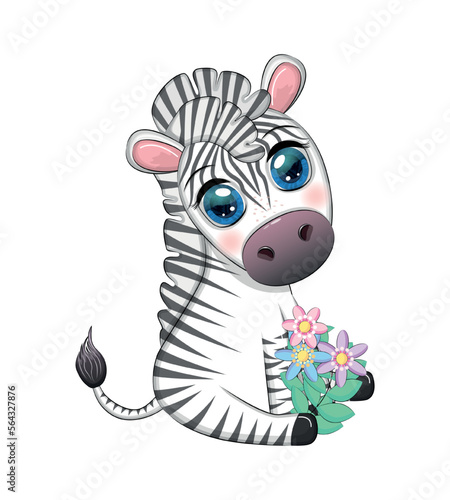 Striped zebra in a wreath of flowers  with a bouquet. Spring is coming