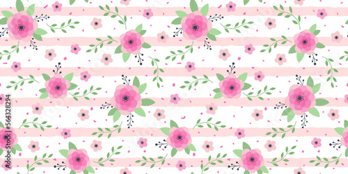 Seamless floral pattern with pink flowers and leaves on striped background