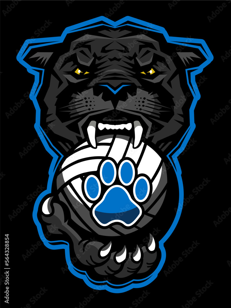 Panther Mascot Biting Volleyball For School, College Or League Sports ...