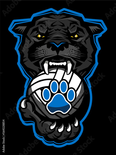 panther mascot biting volleyball for school, college or league sports