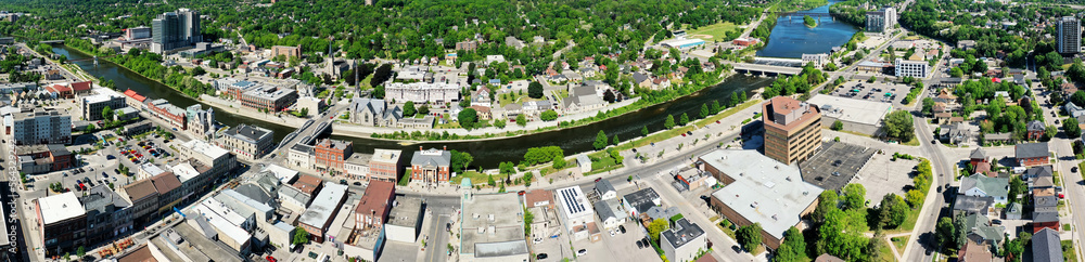 Aerial panorama of Cambridge, Ontario, Canada a fine day