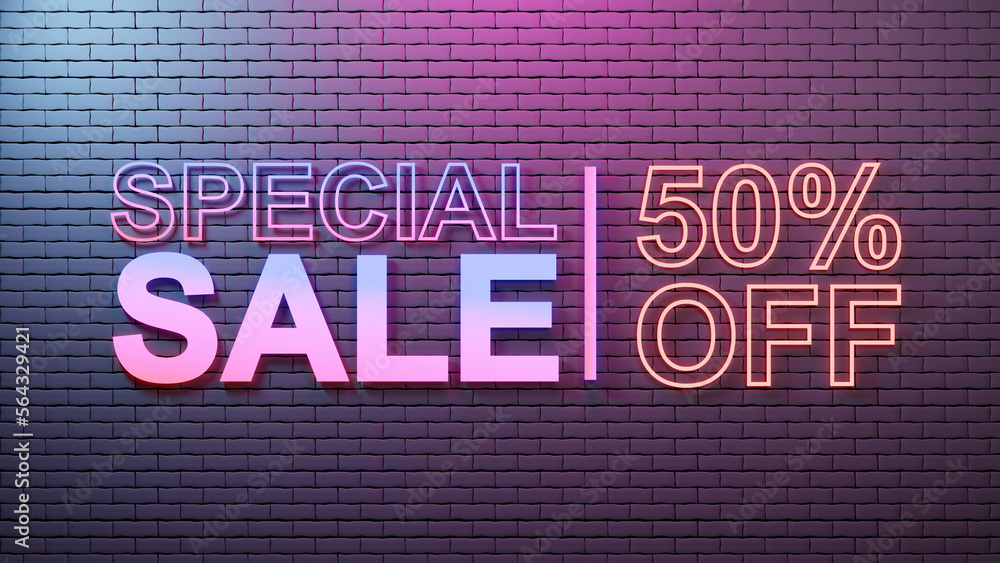 3d render neon special sale 50 percent discount sale promotion on brick wall