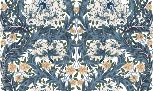 Big white flowers with foliage seamless ornament. Vector illustration.