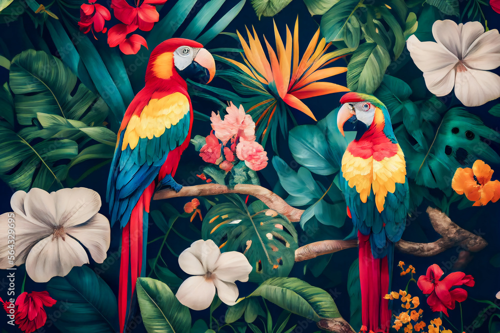 Obraz premium Pattern with beautiful parrots and tropical leaves. Birds background. Generative AI.