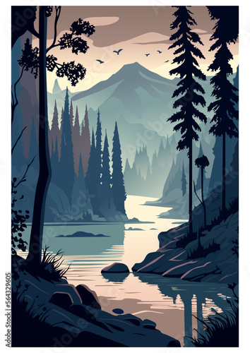 River landscape at sunset, vector illustration