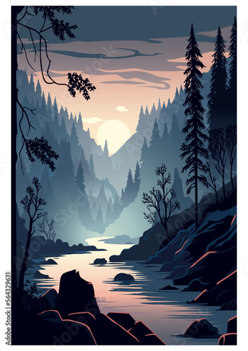 River landscape at sunset, vector illustration