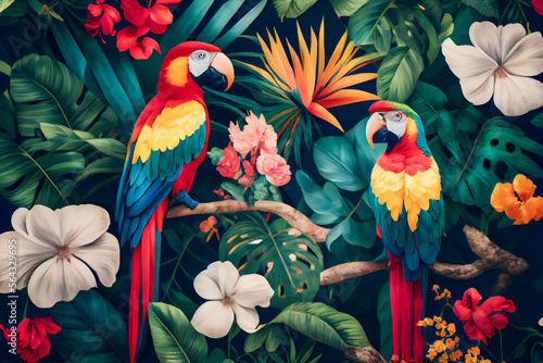 Pattern with beautiful parrots and tropical leaves. Birds background. Generative AI. © EwaStudio