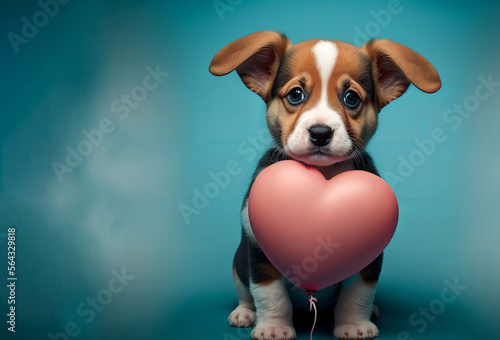 Cute puppy dog with a love heart balloon. Valentines day concept. Generative ai © ink drop