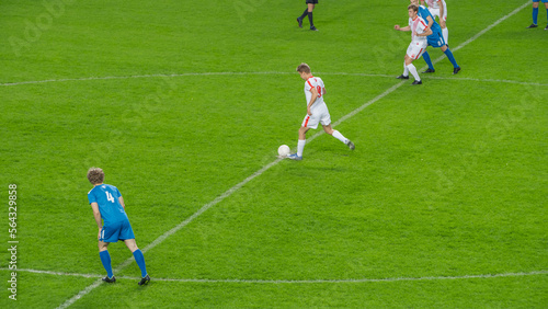 Stadium Soccer Football Match Championship: White Team Attacks, Plays in Pass. Action Game on a International Tournament. Live Sport Broadcast Channel Television Concept.