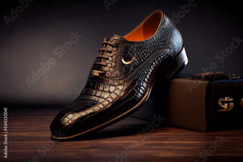 Men's black crocodile leather shoes. Male black shoes. Generative AI.