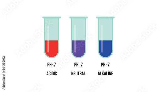 Litmus liquid in solutions with acidic, alkaline and neutral pH. Litmus test in test tubes. The indicator color changes. Educational chemistry for children. Vector