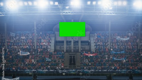 Stadium Championship Match: Scoreboard Green Chroma Key Screen. Crowd of Fans Cheering, Having Fun. Sport Channel Television Advertising Mock-Up. Content for Digital Devices Display Concept. Wide Shot