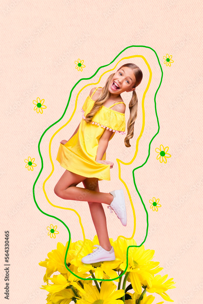 Photo collage artwork minimal picture of happy smiling girl standing yellow flowers bouquet bunch isolated drawing background Photo collage artwork minimal picture of happy smiling girl standing yellow flowers bouquet bunch isolated drawing background