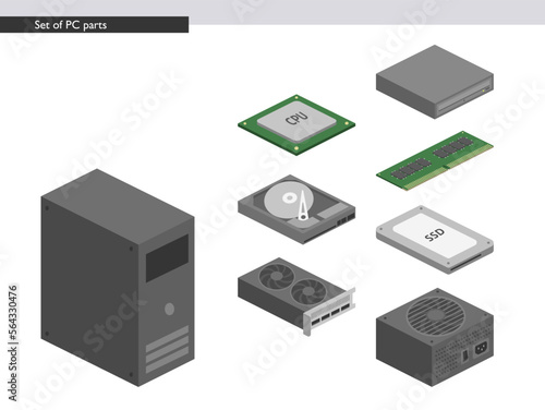 様々なPC内パーツのフラットイラストのセット