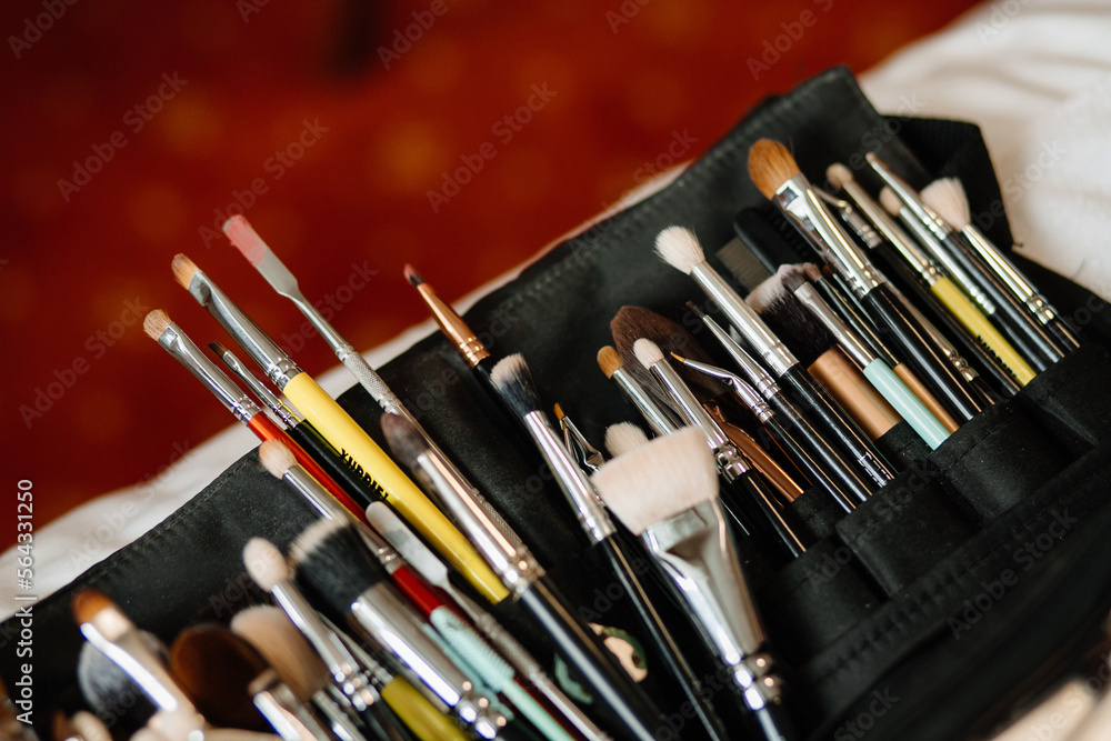 Fototapeta premium makeup artist's brushes in a case close-up