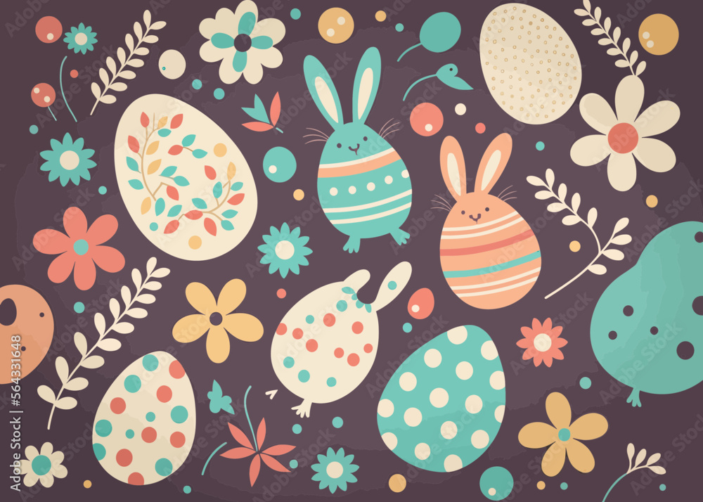 Pattern Of Easter Symbols, Rabbits, Painted Eggs, Flowers. Vector Illustration