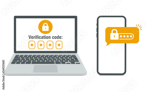 Two steps authentication. Verification push code message on smartphone. Notice with code for secure login or sign in. Two factor verification via laptop and phone. Vector illustration