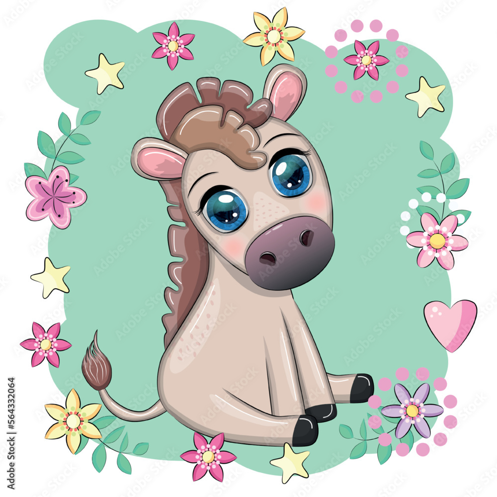 Cute donkey in flowers, with balloons, spring theme. Postcard for the holiday.