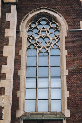 Elongated lafge vintage vertical window on the facade of the ancient building. Baroque and Gothic architecture. Church of St. Olga and Elizabeth. Lviv, Ukraine.