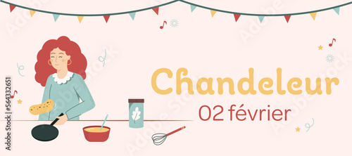 Bannière illustrée pour la chandeleur. Illustration vectorielle festive avec une femme qui cuisine des crêpes.