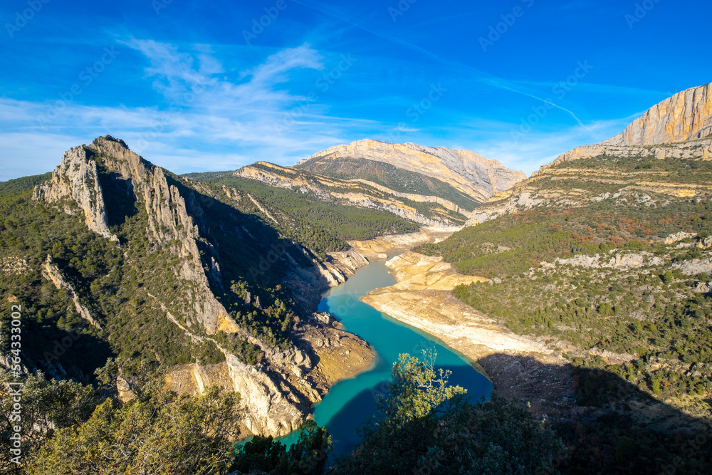 Panoramic of the Noguera Ribagorzana river and the Montrebei gorge in the Protected Natural Area of Montsec in the province of Lleida in Catalonia Spain Panoramic of the Noguera Ribagorzana river and the Montrebei gorge in the Protected Natural Area of Montsec in the province of Lleida in Catalonia Spain