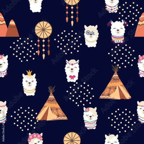 Seamless pattern with llama, alpaca faces. Cute drawings of llama head with hearts, inscription, mountains, cacti, star, dreamcatcher
