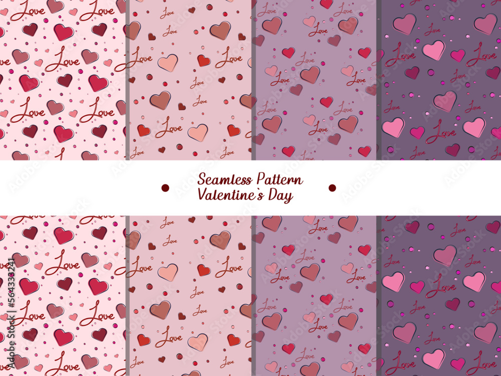 Pattern of Happy Valentine's Day 14 February. Set of pattern with romantic mood. Cover for gifts. Seamless pattern of red hearts. Pattern set. Vector illustration
