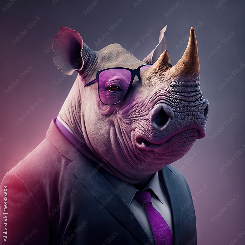 Portrait of a Rhino wearing a business suit and pink sunglasses generative ai Stock Illustration Adobe Stock