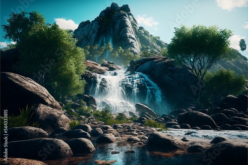 A glistening waterfall cascading down a rocky mountainside  surrounded by lush greenery and brilliant blue sky  Generative AI