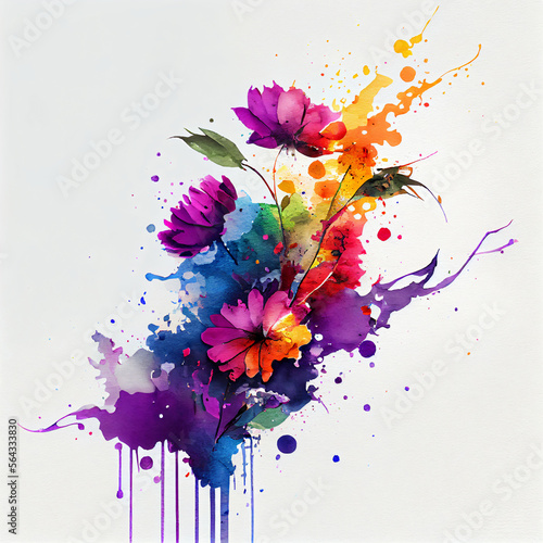 Watercolor blooming spring flowers with splash background  Generative AI