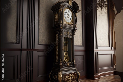 A intricately detailed and opulent grandfather clock, standing tall and proud in the center of a grandiose room. Every inch of the clock is covered in intricate carvings and gold leaf ac Generative AI