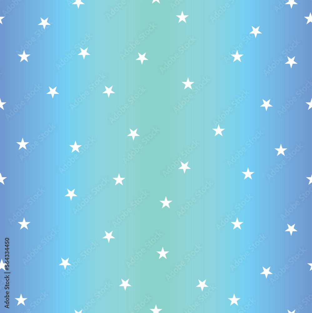 Starry Seamless Vector Pattern. White Tiny Stars Isolated on a Blue-Mint Blurry Background. Simple Repeatable Print with Confetti od Star Shape ideal for Textile, Wrapping Paper, Fabric. 