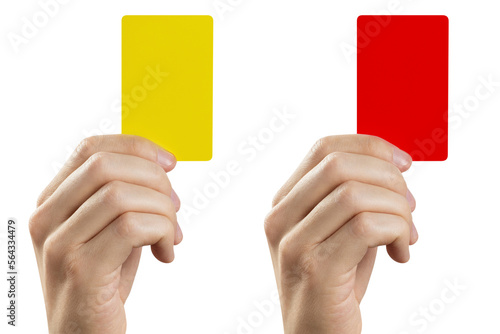 Foto Football (soccer) referee hand holding yellow and red cards, cut out