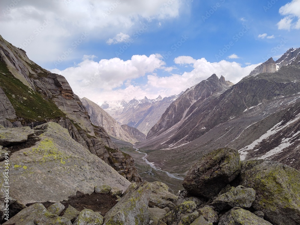 Himachal, India - June 9th, 2022 : the view of Himalayas in Hampta Trek
