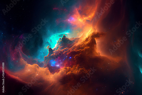 Glowing huge nebula with young stars. Space background  3d illustration. Generating Ai.