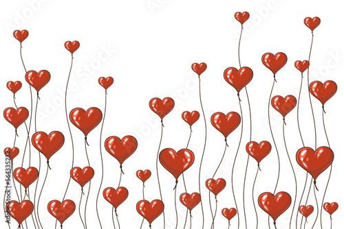 Valentine s day background with red and pink hearts like balloons on white background