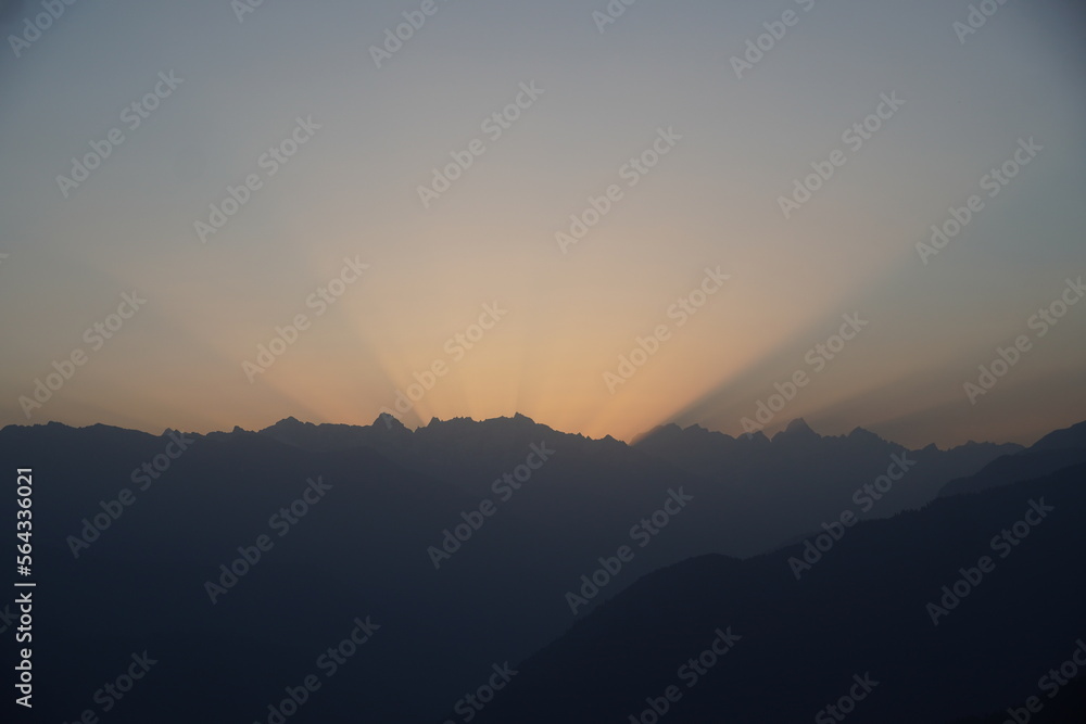 Himachal, India - June 6th, 2022 : Mountain valley during sunrise. Natural summer landscape