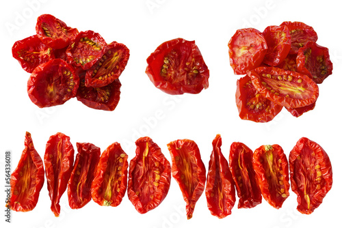 Sundried or dried tomato halves. Clipping paths, shadowless. top view. set.
