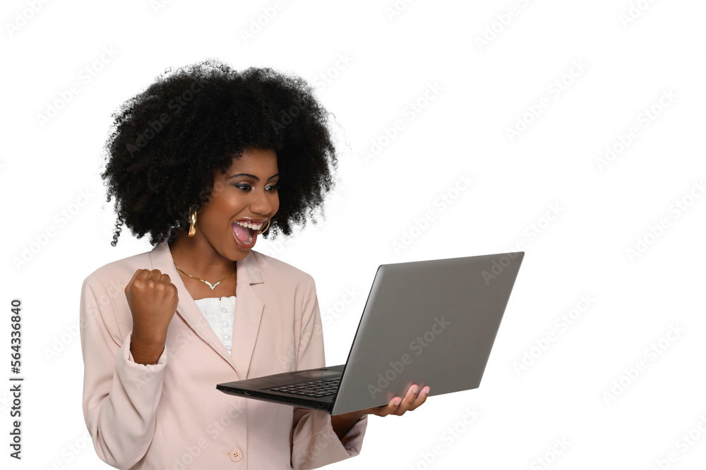 woman holding laptop computer with closed hand celebrating looks at laptop screen woman holding laptop computer with closed hand celebrating looks at laptop screen