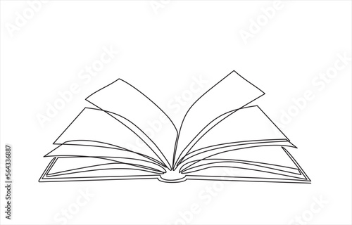 Continuous one line drawing of an open book with flying pages. Vector illustration of back to school, educational supplies.