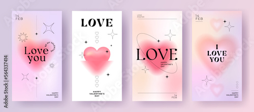 Modern design templates of Valentines day and Love card, banner, poster, cover set. Trendy minimalist aesthetic with gradients and typography, y2k backgrounds. Pale pink yellow, purple vibrant colors.