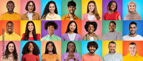 Group of happy people of different nationalities and cultures over colorful backgrounds