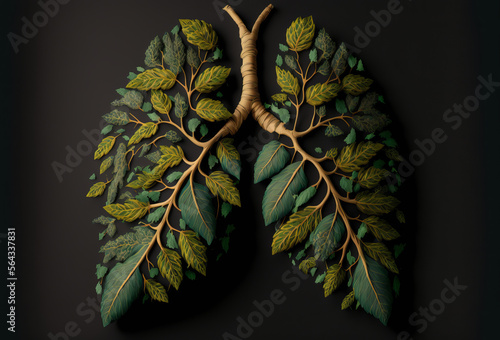 Lungs made from leaves and nature. Air pollution concept. Generative ai