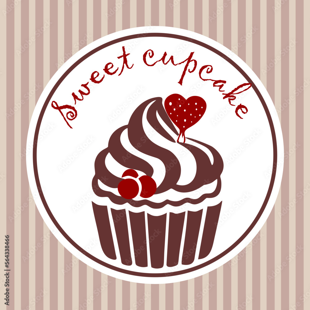 Cupcake with cream, red cherries and a heart. Beige vertical stripes for the background. Logo for the confectioner. Vector. Cupcake with cream, red cherries and a heart. Beige vertical stripes for the background. Logo for the confectioner. Vector.