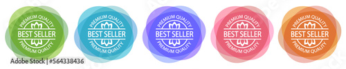 Best seller stamp. Set of round logos. Product quality label. Bestseller print. Top seller. Red, blue, purple, orange and green icons.
