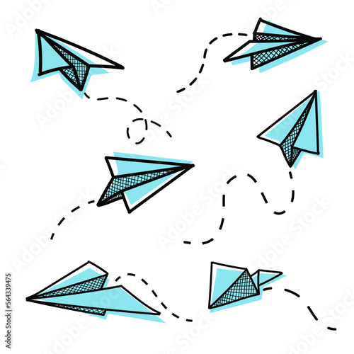 Vector paper airplane. Travel, route symbol. Set of colorful vector illustrations of hand drawn paper airplanes. Isolated. Outline. Hand drawn doodle airplane. Black linear paper airplane icon.